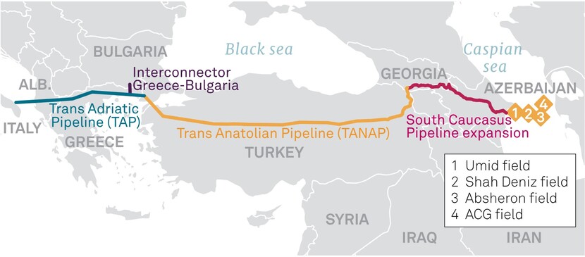 아제르바이잔에서 유럽으로 연결되는 가스수송관 지도