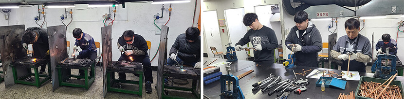 한국가스안전직업전문학교 훈련생들이 이론 수업 후 실기 실습을 하고 있다.(사진은 용접 실습(왼쪽)과 배관 나사산 내기 실습)