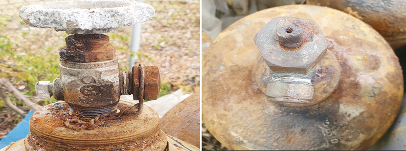 밸브가 손상된 비정상용기(왼쪽)와 용기의 표시사항을 알 수 있는 비정상용기